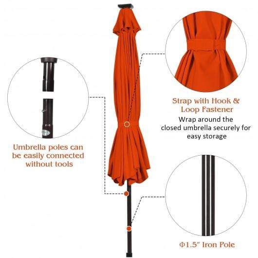 10' Solar LED Lighted Patio Market Umbrella Shade Tilt Adjustment Crank-Orange