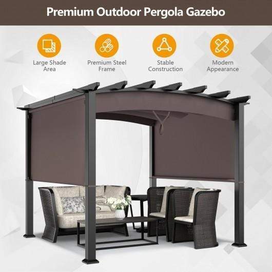 10 x 10ft Patio Pergola Gazebo Sun Shade Shelter with Retractable Canopy-Coffee