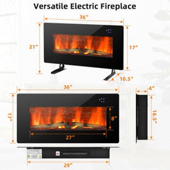 36" Electric Wall Mounted Freestanding Fireplace with Remote Control-Black