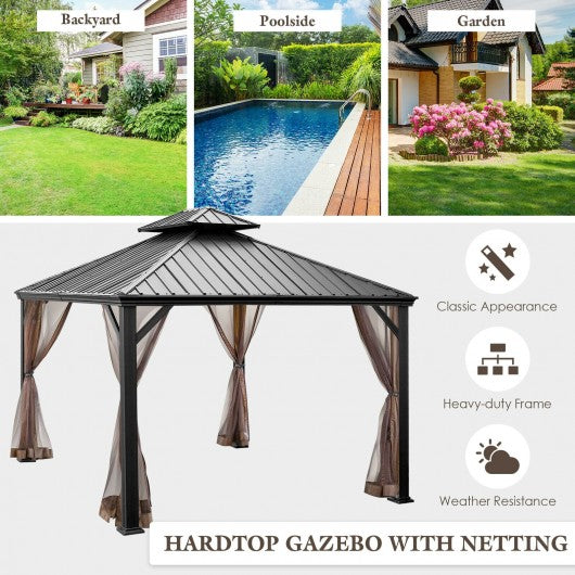 12 x 10 Feet Hardtop Gazebo 2-tier Outdoor Galvanized Steel Canopy-Brown