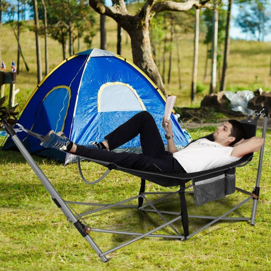 Folding Hammock Indoor Outdoor Hammock with Side Pocket and Iron Stand-Black