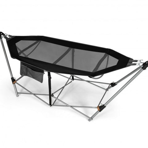 Image of Folding Hammock Indoor Outdoor Hammock with Side Pocket and Iron Stand-Black