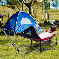 Folding Hammock Indoor Outdoor Hammock with Side Pocket and Iron Stand-Red