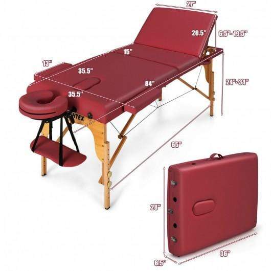 StarWood Rack Health & Beauty 3 Fold 84" L Portable Adjustable Massage Table with Carry Case-Red
