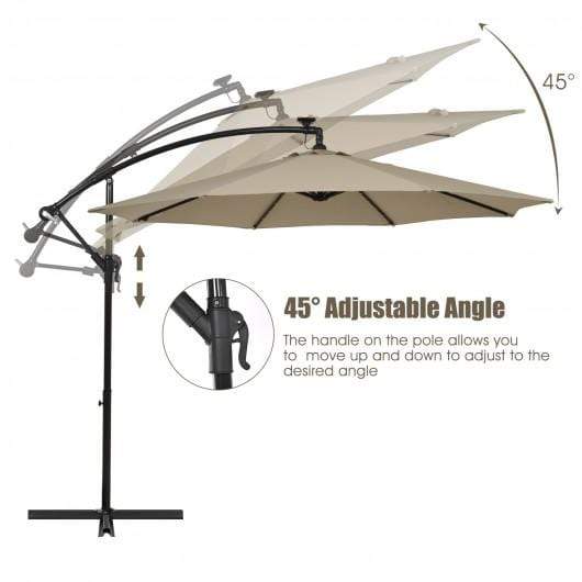 StarWood Rack Home & Garden 10 Ft Patio Solar LED Offset Umbrella with 40 Lights and Cross Base-Tan