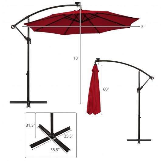 StarWood Rack Home & Garden 10 Ft Patio Solar LED Offset Umbrella with 40 Lights and Cross Base-Wine