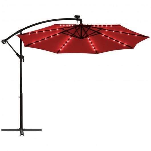StarWood Rack Home & Garden 10 Ft Patio Solar LED Offset Umbrella with 40 Lights and Cross Base-Wine
