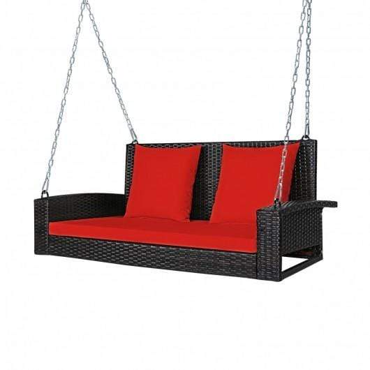 StarWood Rack Home & Garden 2-Person Patio Rattan Porch Swing with Cushions-Red