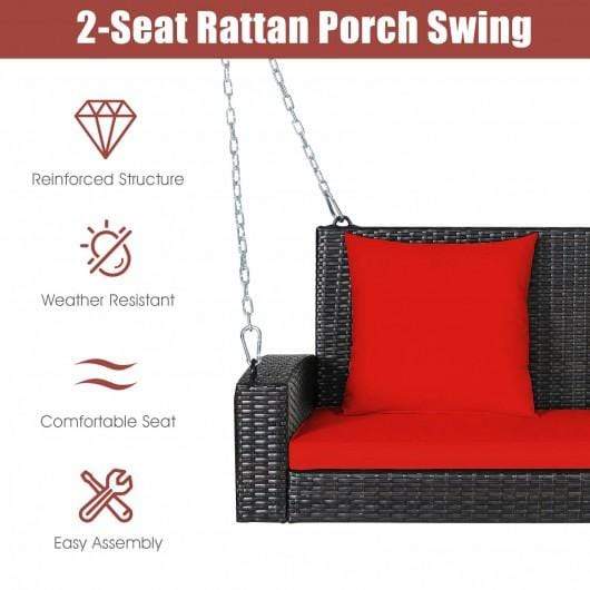 StarWood Rack Home & Garden 2-Person Patio Rattan Porch Swing with Cushions-Red