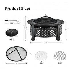 StarWood Rack Home & Garden 32" 3 in 1 Round Outdoor Fireplace with BBQ Grill and High-temp Resistance Finish