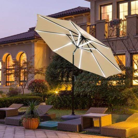 StarWood Rack Home & Garden 9Ft Solar LED Market Umbrella with Aluminum Crank Tilt 16 Strip Lights-Beige