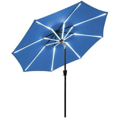 StarWood Rack Home & Garden 9Ft Solar LED Market Umbrella with Aluminum Crank Tilt 16 Strip Lights-Blue