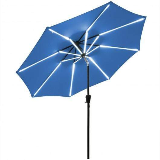 StarWood Rack Home & Garden 9Ft Solar LED Market Umbrella with Aluminum Crank Tilt 16 Strip Lights-Blue