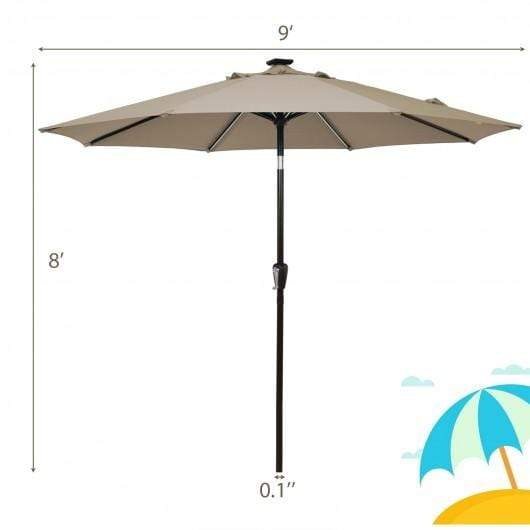 StarWood Rack Home & Garden 9Ft Solar LED Market Umbrella with Aluminum Crank Tilt 16 Strip Lights-Tan