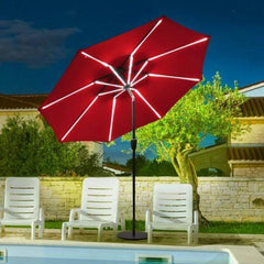 StarWood Rack Home & Garden 9Ft Solar LED Market Umbrella with Aluminum Crank Tilt 16 Strip Lights-Wine