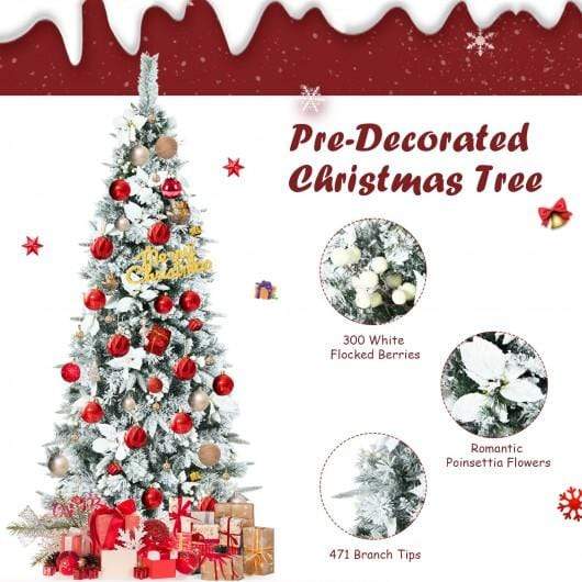 StarWood Rack Home & Garden Snow Flocked Christmas Pencil Tree with Berries and Poinsettia Flowers-6 ft