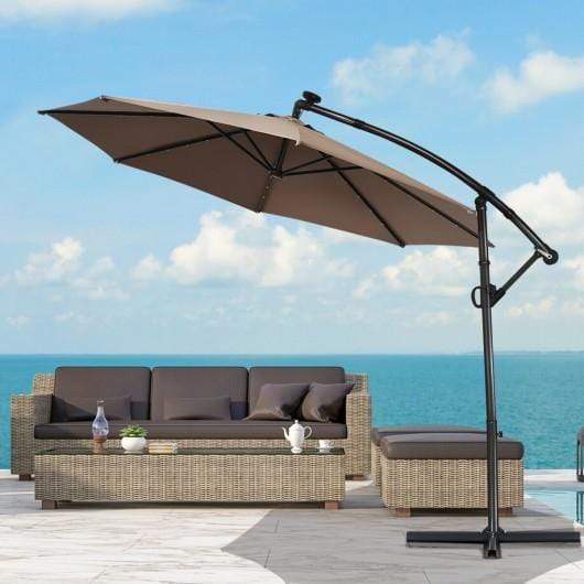 Starwood Rack Outdoor Umbrellas & Sunshades 10 ft 360° Rotation Solar Powered LED Patio Offset Umbrella without Weight Base-Tan